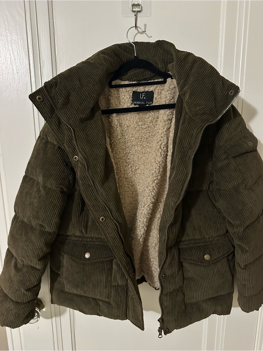 Unreal Fur Olive Green Corduroy Puffer Jacket with Sherpa Interior